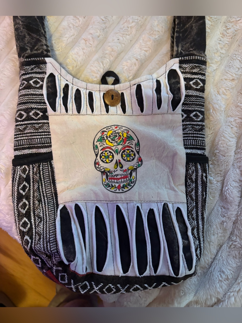 Embroidered Sugar Skull Canvas Boho Shoulder Bag in Black & White
